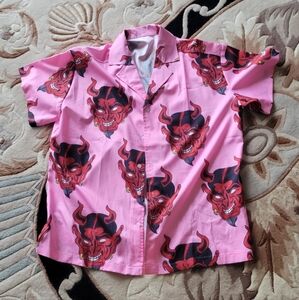 Pink Red Devil Print Button Down Shirt